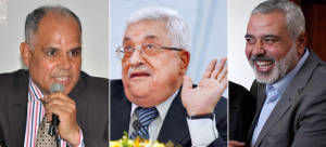From the left, Dr. Ibrahim Abrash, a former Palestinian Minister of Culture, PA President Mahmoud Abbas and Hamas leader Ismail Haniyeh. (Gatestone)