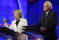 Hillary Clinton (L) and Sen. Bernie Sanders at a Democratic debate. (AP/Seth Wenig)