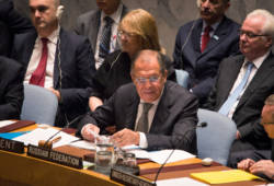 Russia's Foreign Minister Sergey Lavrov addresses the United Nations Security Council. (AP/Kevin Hagen)