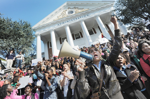 Sana Javed, UMD SJP founder, protesting on campus