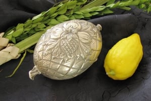 From the left: Lulav (palm branch), Etrog (citron) and Etrog case used for Sukkot.