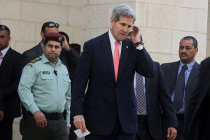 US Secretary of State John Kerry speaks to the media on Wednesday after meeting with PA President Mahmoud Abbas in Bethlehem. (Issam Rimawi/FLASH90)