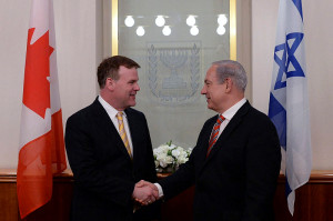 Canadian Foreign Affairs Minister John Baird at  Israeli Prime Minister Benjamin Netanyahu's office in April 2013. (Photo: Kobi Gideon/GPO/Flash90)