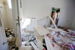 Damaged bedroom in Sderot from rocket fire overnight. (Photo: Edi Israel/Flash90)
