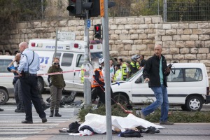 Site where an Arab man drove his car into a crowd of people waiting by the Shimon ha Tzadik lightrail station in Jerusalem 