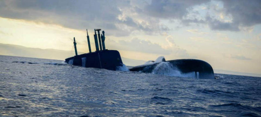 An Israeli submarine emerges from the depths. (IDF)