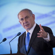 Israel's Prime Minister Benjamin Netanyahu speaks at the Conference of Presidents of Major Jewish organizations in Jerusalem on February 16, 2015. (Miriam Alster/FLASH90)