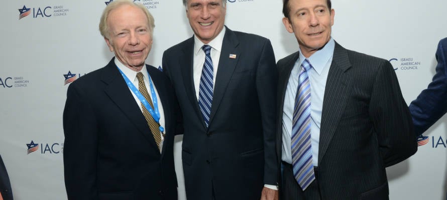 L-R: Joe Lieberman, Mitt Romney, and Adam Milstein in 2014.