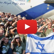New immigrants from USA and Canada salute and hold up Israeli flags as they arrive in a special "Soldier Aliyah Flight