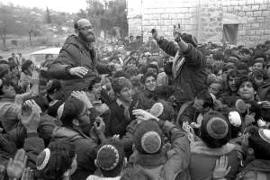 Rabbi Levinger (L) in 1975 after government permission was granted to establish a Jewish settlement in Hebron. (Moshe Milner/GPO)