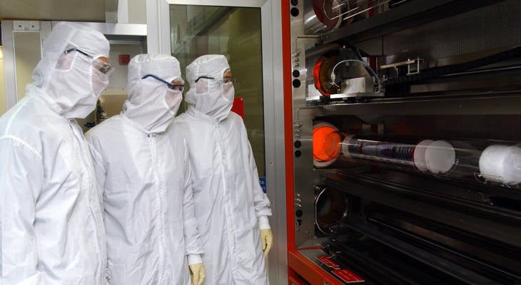 Scientists in the clean room of the intel factory in Jerusalem