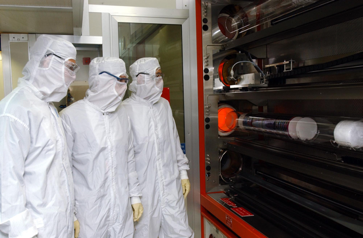 Scientists in the clean room of the intel factory in Jerusalem