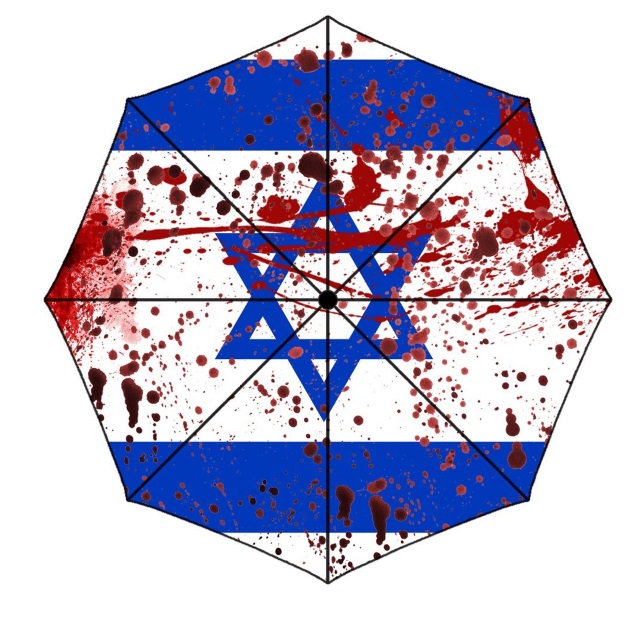 A blood splattered Israeli flag umbrella on sale at Amazon