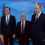 Israeli Ministry of Foreign Affairs Director General Dr. Dore Gold (R), Acting National Security Advisor Jacob Nagel and US Deputy Secretary of State Antony Blinken