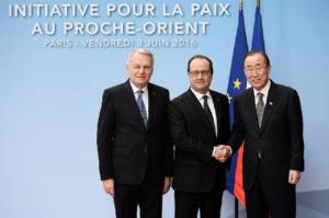 French Foreign Minister Jean-Marc Ayrault (L), President Francois Hollande and UN Secretary-General Ban Ki-moon in Paris ahead of conference to revive Israeli-Palestinian peace talks, which Jerusalem opposed. (Stephane de Sakutin/AP)