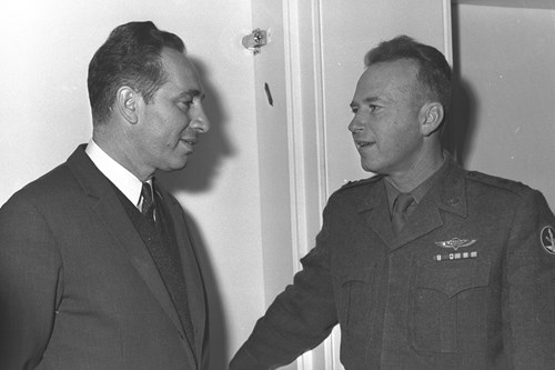 1963 -  DEPUTY MIN. OF DEFENCE SHIMON PERES WITH THE NEW CHIEF OF STAFF YITZHAK RABIN (R). (GPO)