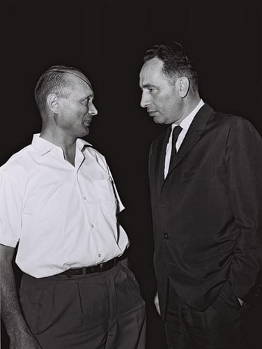 1963 - MIN. OF AGRICULTURE MOSHE DAYAN AND DEPUTY DEFENCE MINISTER SHIMON PERES (R). (GPO)