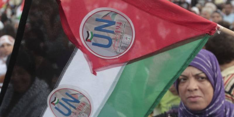 Palestinian flag with United Nations stickers