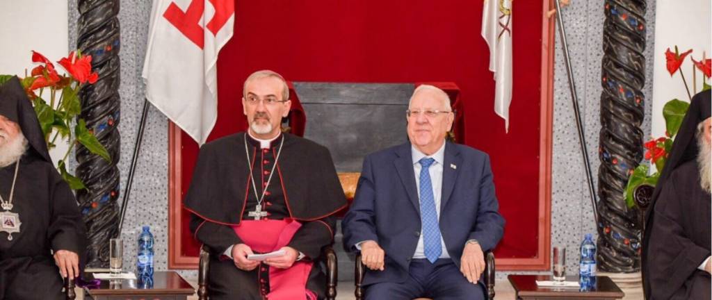 President Reuven Rivlin (R) and Apostolic Administrator of the Latin Patriarchate Archbishop Pierbattista Pizzaballa