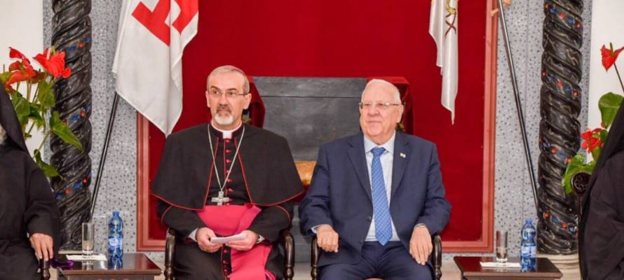President Reuven Rivlin (R) and Apostolic Administrator of the Latin Patriarchate Archbishop Pierbattista Pizzaballa