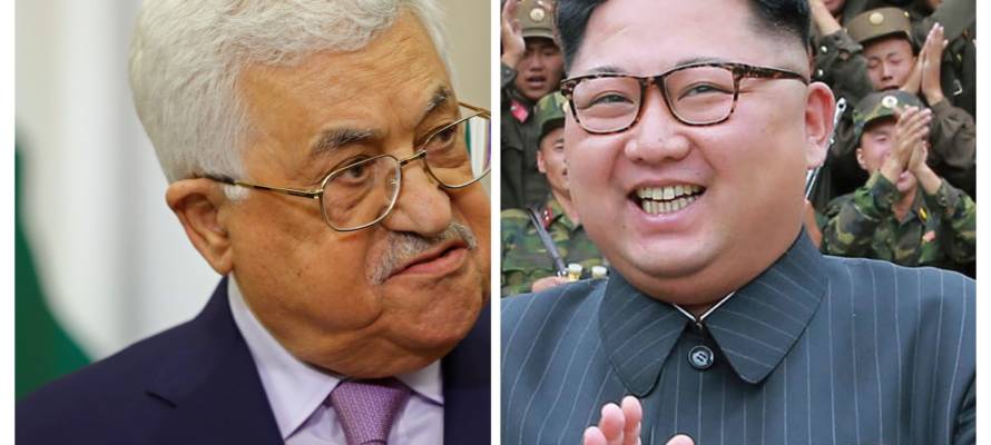 Palestinian President Mahmoud Abbas (L) and North Korean dictator Kim Jong-un (Yuri Kochetkov via AP/Korea News Service via AP)