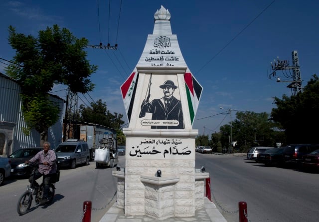 lestinian monument honoring Saddam Hussein