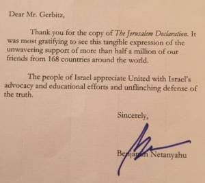 PM Netanyahu personal thank you letter to UWI Founder Michael Gerbitz