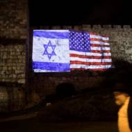 Israeli and USflags projected on the walls of Jerusalem's Old City