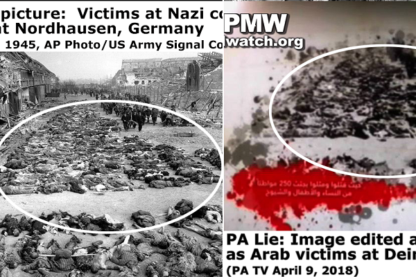 Photo altered by PA TV to misrepresent Holocaust victims as Arabs. (PMW)