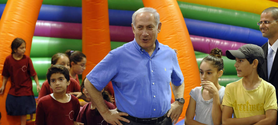 Israeli Prime Minister Benjamin Netanyahuin Sderot's sheltered playground. (AP Photo/David Buimovitch, Pool)