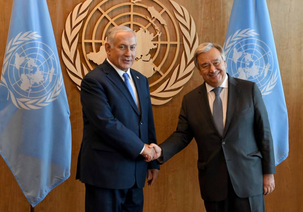 PM Benjamin Netanyahu and the UN's Antonio Guterres. (Avi Ohayon/GPO)