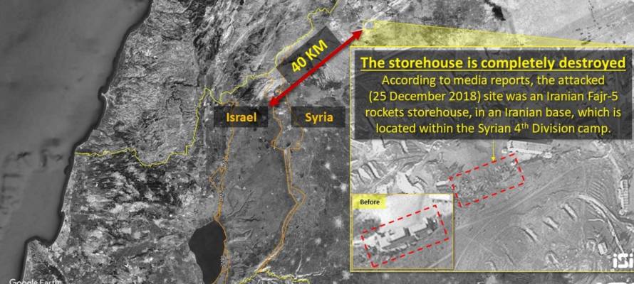 Satellite images of an Iranian facility in Syria following an IAF airstrike. (ISI/Twitter)