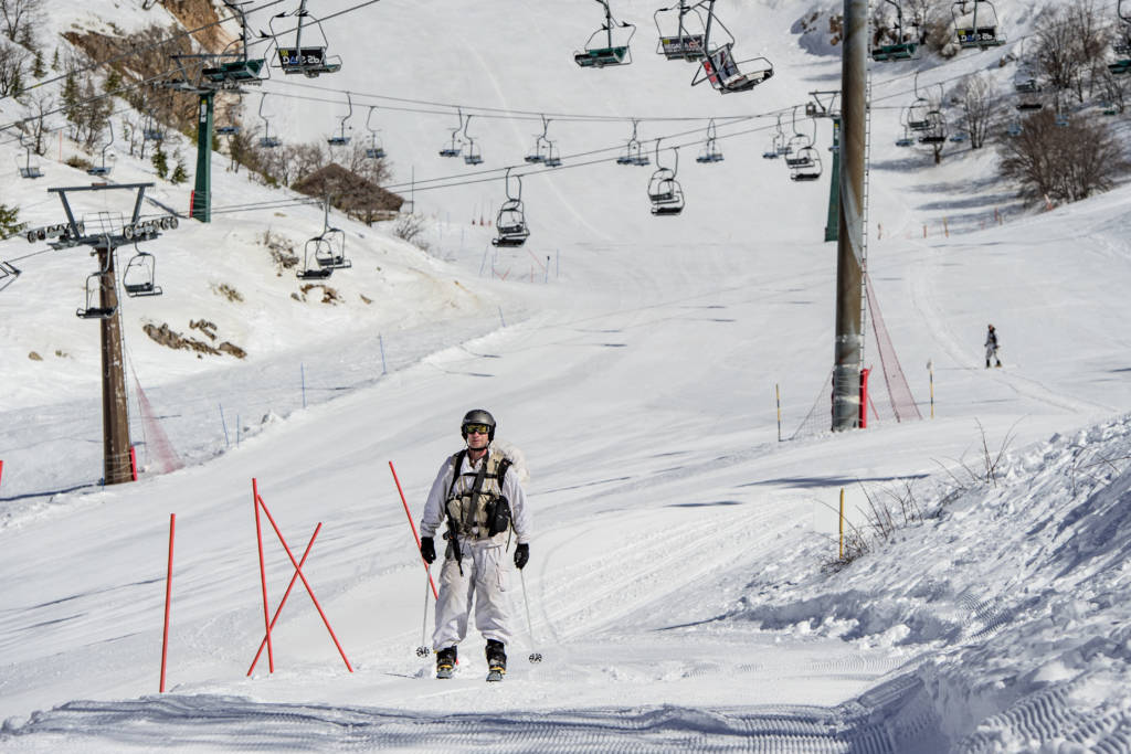 An Israeli soldier skis at Mount Hermon in the Golan Heights. (Basel Awidat/Flash90)