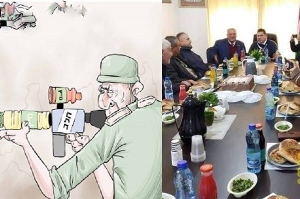 Palestinian anti-Israel boycott propaganda (L), PA government employees enjoying Israeli products. (PMW/Facebook)