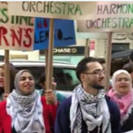 BDS operatives protest the Israel Philharmonic Orchestra in New York. (Twitter)
