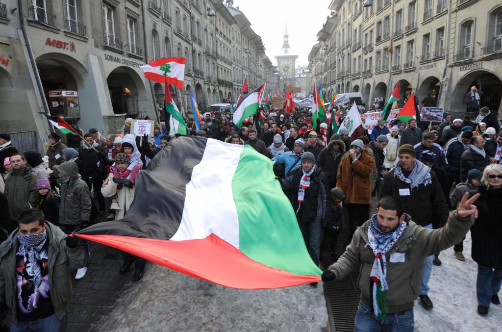 Anti-Israel protestors in Switzerland. (AP Photo/Keystone /Lukas Lehmann)