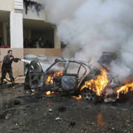A Palestinian's burning car blown up in Lebanon. (AP Photo/Mohammed Zaatari)