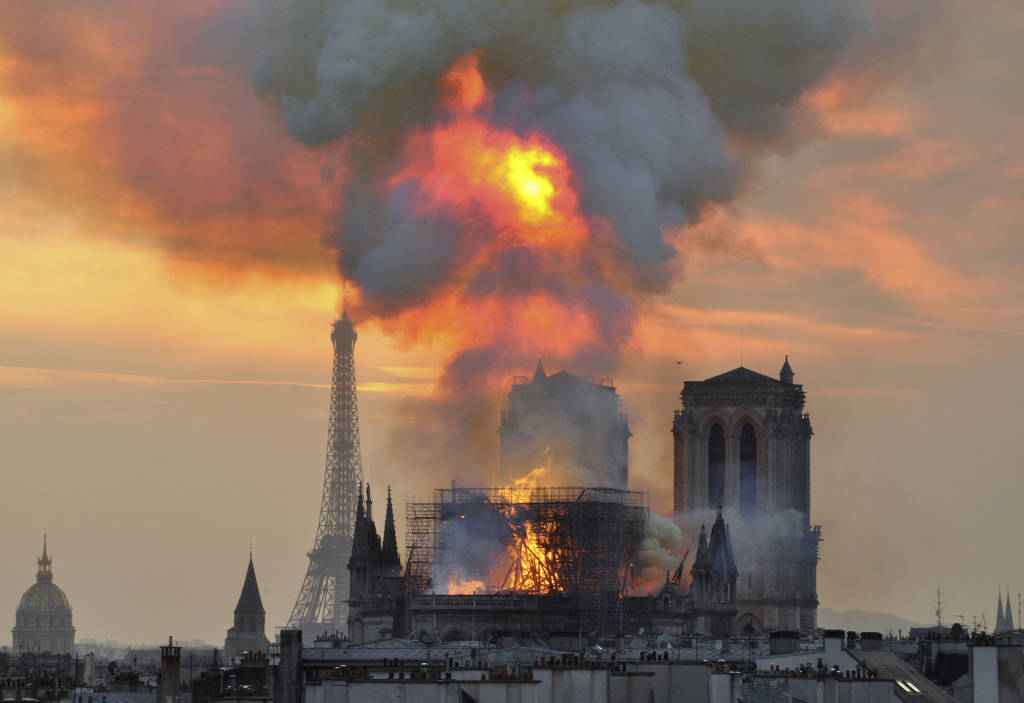 Notre Dame cathedral in Paris on fire. (AP Photo/Thierry Mallet)
