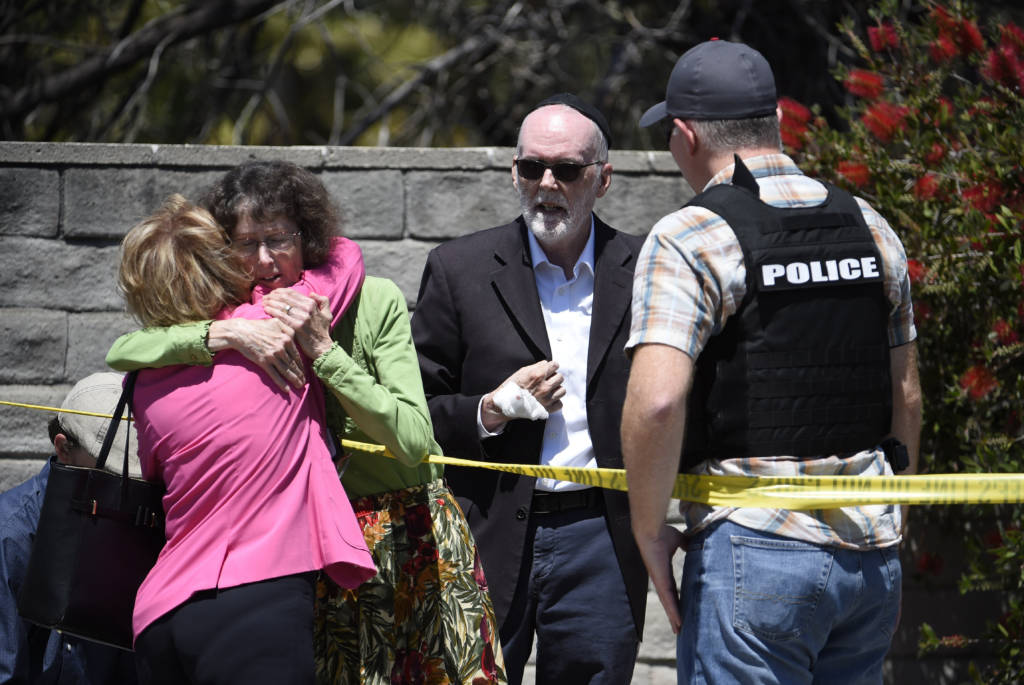 The scene of a shooting attack at the Chabad of Poway synagogue in California. (AP Photo/Denis Poroy)