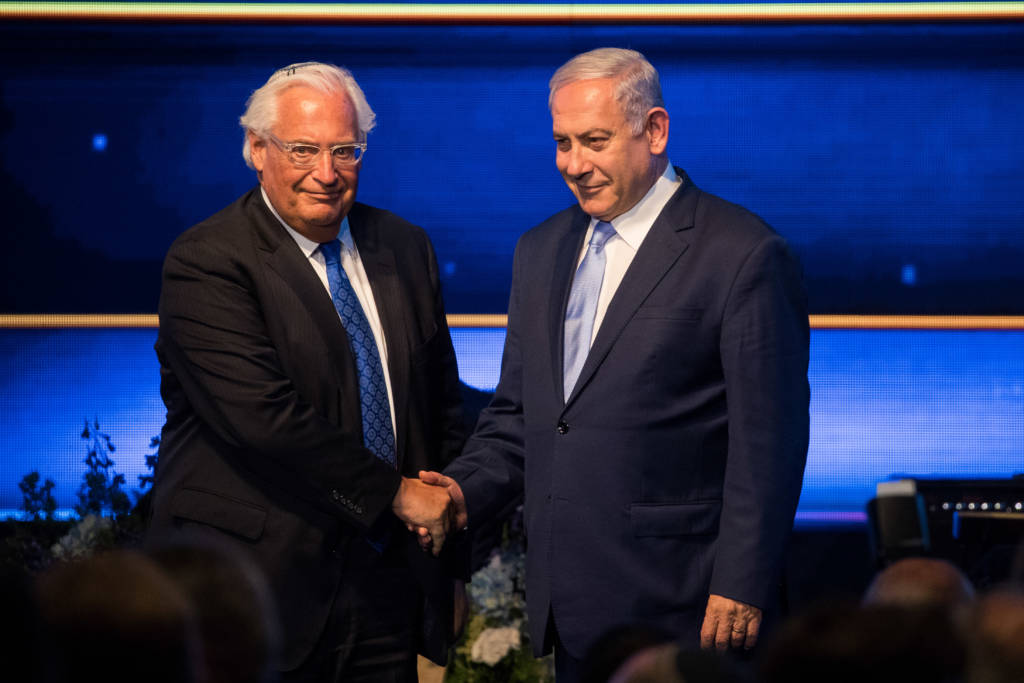 US Ambassador to Israel David Friedman and Prime Minister Benjamin Netanyahu marking one year since the US Embassy move. ( Yonatan Sindel/Flash90)