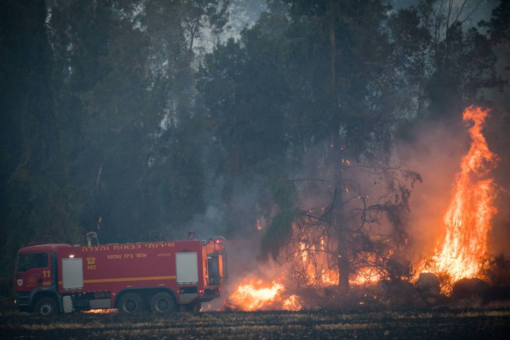 Fire fighters try to extinguish a forest fire near Kibbutz Harel, on May 23, 2019.  (Yonatan Sindel/Flash90)  *** Local Caption *** ùøéôä ùøéôú çåøù éòø òöéí òùï àù çåí çîñéï ùøá îæâ àåéø éòø áï ùîï ëéáåé îñå÷éí îèåñéí îëáé àù ÷éáåõ äøàì