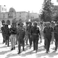Defense Minister Moshe Dayan, Chief of staff Yitzhak Rabin, Gen. Rehavam Zeevi (R) And Gen. Narkis in the old city of Jerusalem, 1967. (Flickr - Government Press Office)