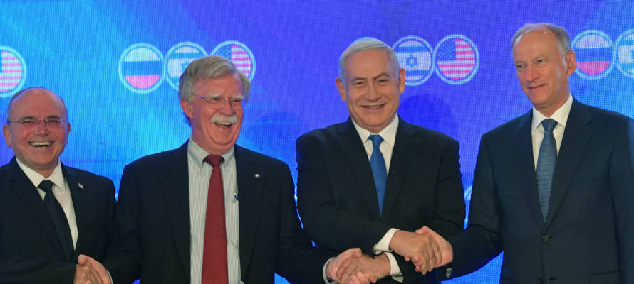 PM Netanyahu, Israeli, US and Russian national security advisers (Kobi Gideon/GPO)