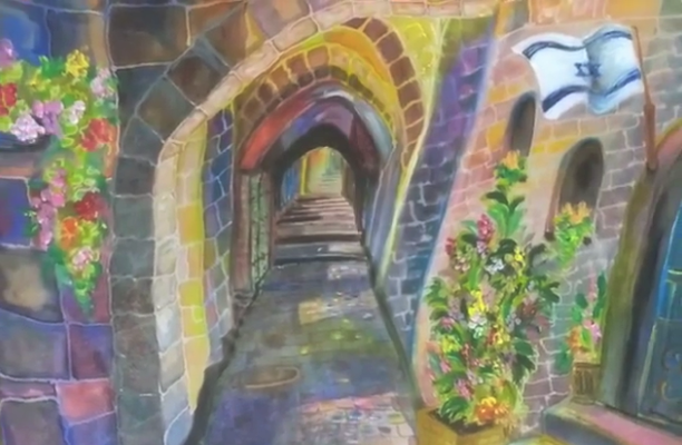 Yael Resnick batik portrait of Jerusalem's Old City. (screenshot)