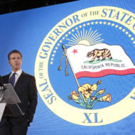 California Gov. Gavin Newsom speaks in front of the state seal, Thursday, May 23, 2019, in Sacramento, Calif.