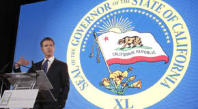 California Gov. Gavin Newsom speaks in front of the state seal, Thursday, May 23, 2019, in Sacramento, Calif.