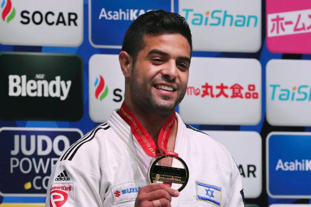 Gold medalist Sagi Muki of Israel poses for a photo during the award ceremony of the men's -81 kilogram class of the World Judo Championships in Tokyo, Wednesday, Aug. 28, 2019.