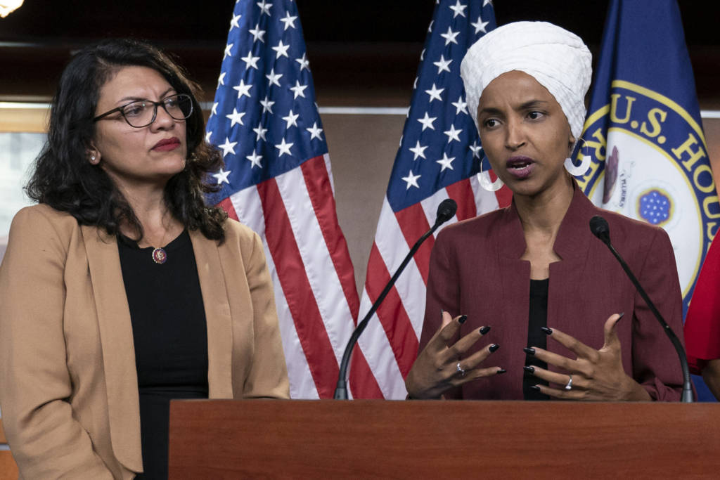 U.S. Rep. Ilhan Omar, D-Minn, right, and U.S. Rep. Rashida Tlaib, D-Mich.