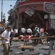 The scene of a Palestinian suicide bombing at the Sbarro restaurant in Jerusalem August 9, 2001. (Flash90)