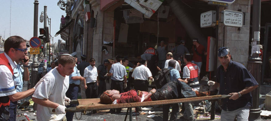 The scene of a Palestinian suicide bombing at the Sbarro restaurant in Jerusalem August 9, 2001. (Flash90)